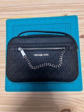 Michael Kors Black Logo Crossbody with Silver Chain